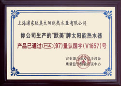 上海浦东跃美太阳能有限公司证书
